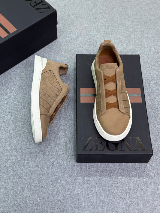 Zegna Crocodile Panel Sneakers - Brown Embossed