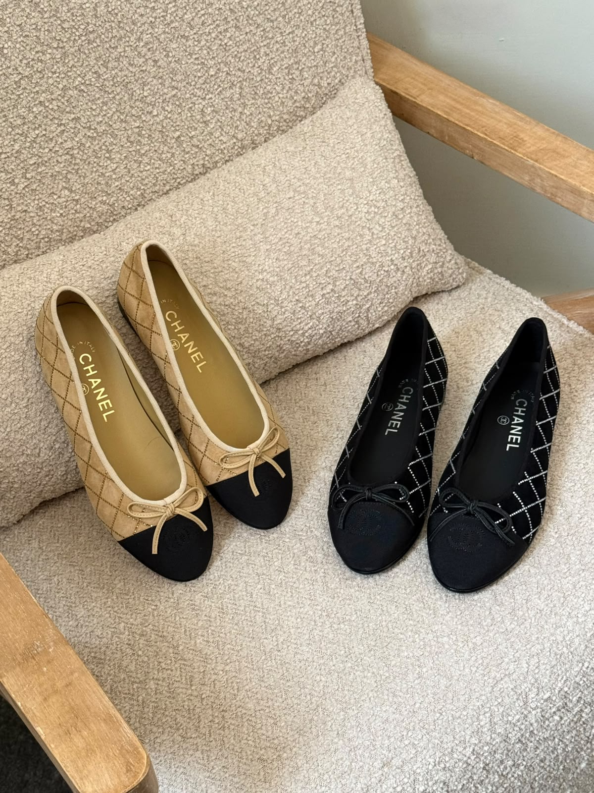 Chanel Quilted Ballerina - Beige & Black, Black, Beige