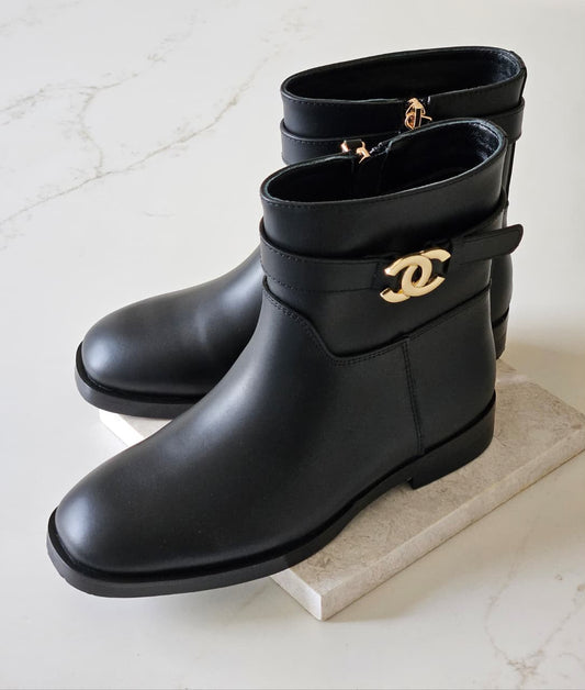 Chanel Buckle-Strap Ankle Boots - Black, Brown