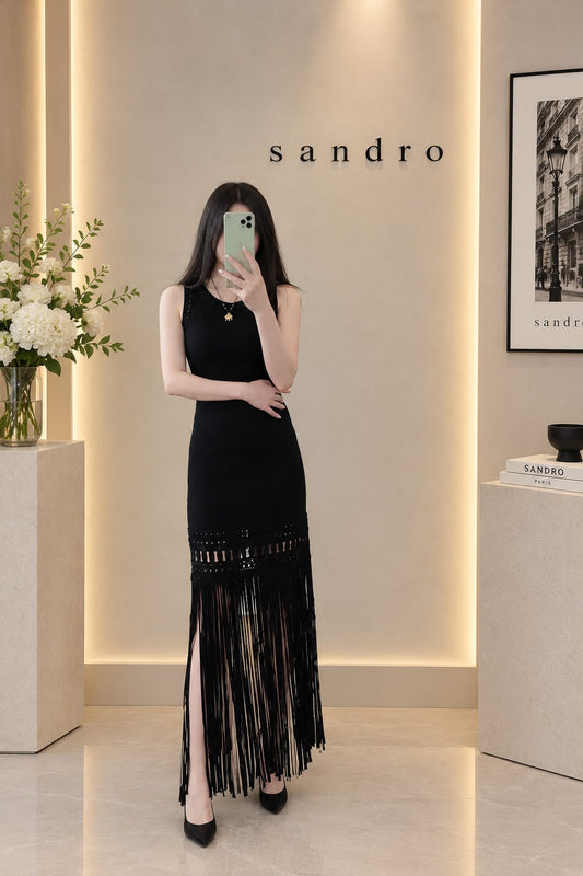 Sandro Fringe Hem Dress - Black, White, Light Blue, Grey
