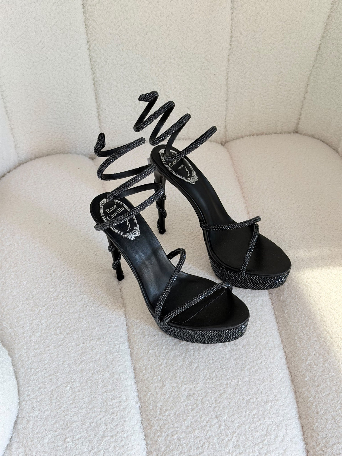 Rene Caovilla Spiral Strap Heels - Beige, Black