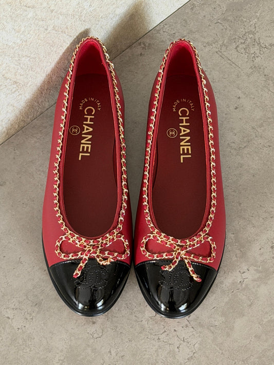 Chanel Chain-Trim Ballerina - Red & Black, Beige & Black, Black, Beige, Red