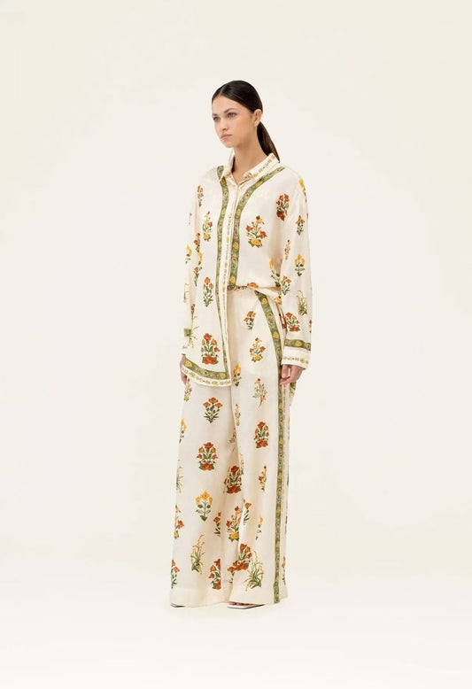 Agua Bendita Floral Border Pants Set - White