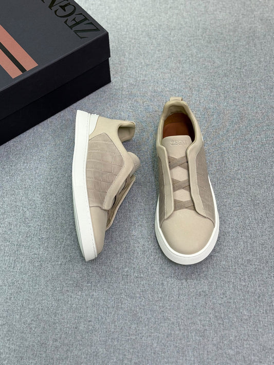 Zegna Crocodile Panel Sneakers - Beige Embossed