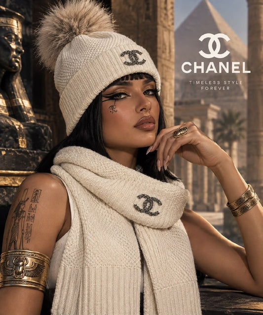 Chanel Pom-Pom Scarf & Beanie - White