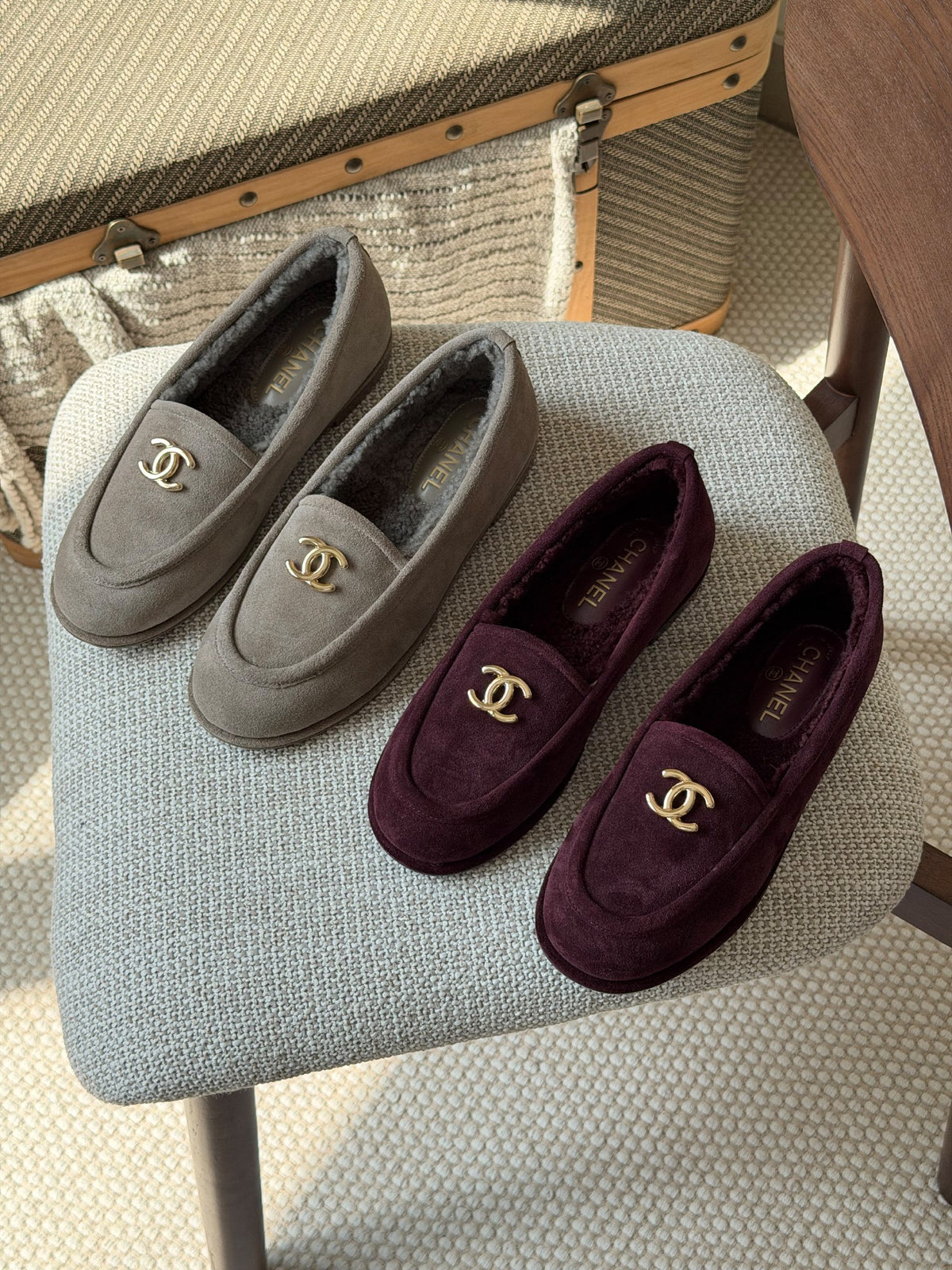Chanel Interlocking-Logo Loafers - Grey, Burgundy