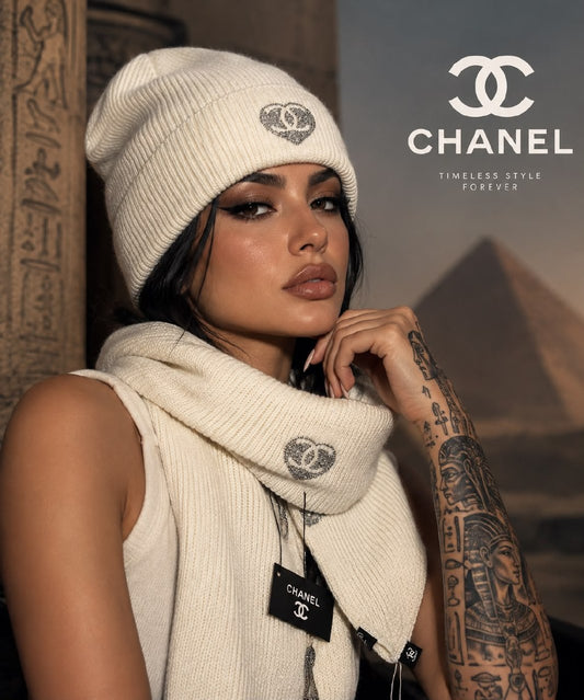Chanel Ribbed Scarf & Beanie - White