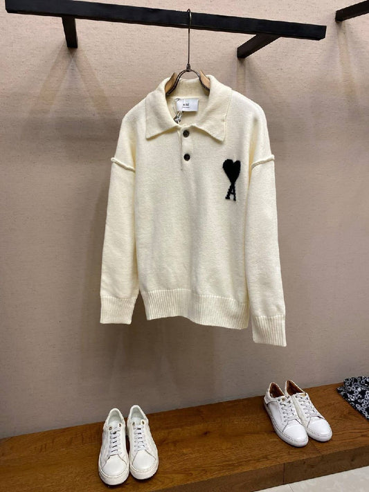 Ami Paris Polo Sweater - White, Dark Grey