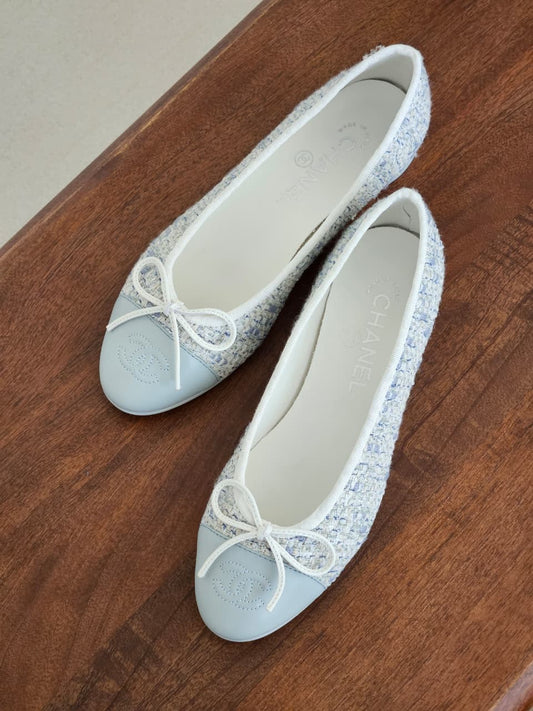 Chanel Bow-Toe Ballerina - White & Light Blue