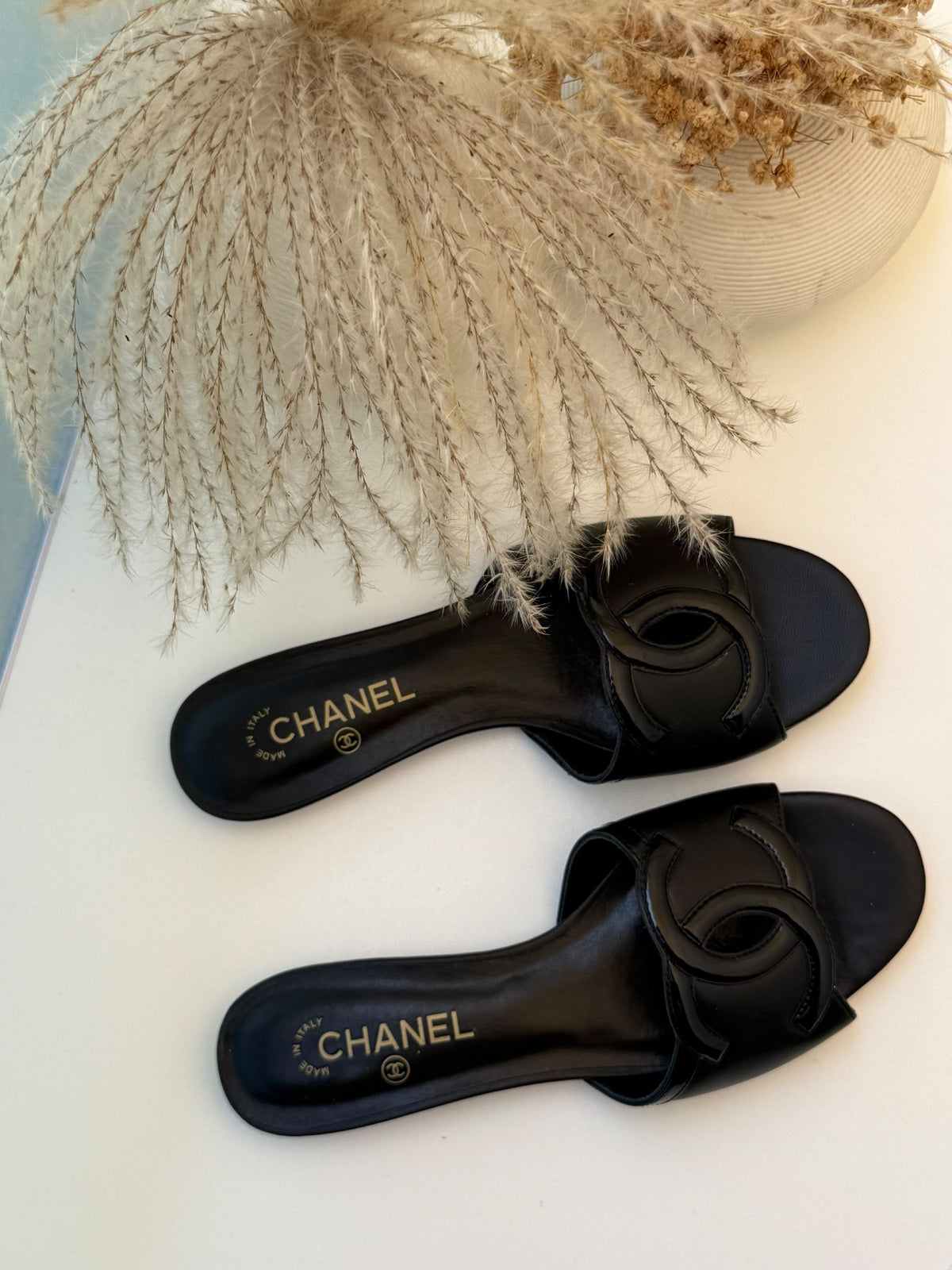 Chanel Logo Band Slippers - Black