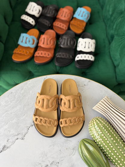 Hermès Double-Strap Slippers - Beige