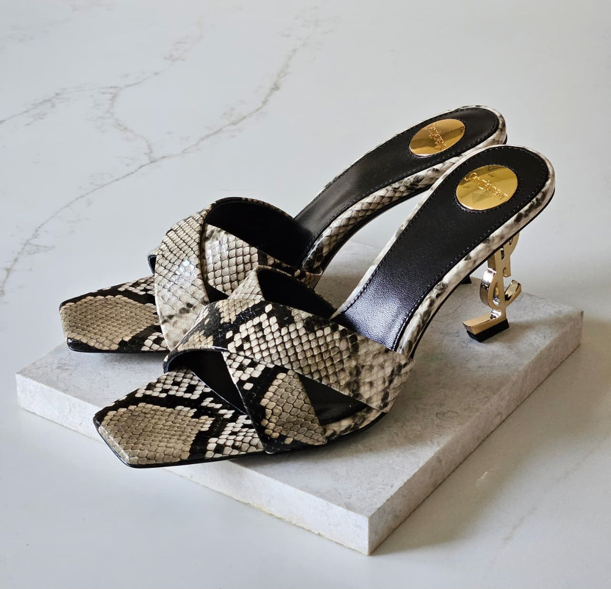 Saint Laurent Heels - Beige & Black Snake Print