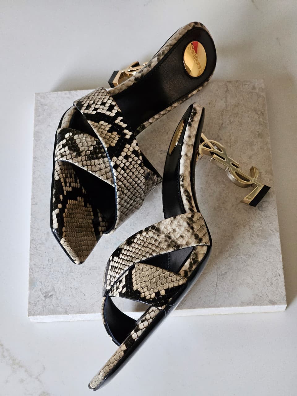 Saint Laurent Heels - Beige & Black Snake Print