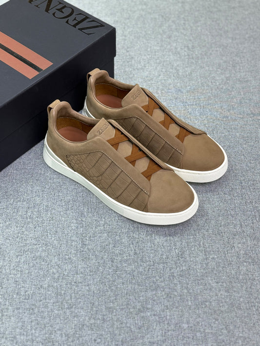 Zegna Crocodile Panel Sneakers - Brown Embossed