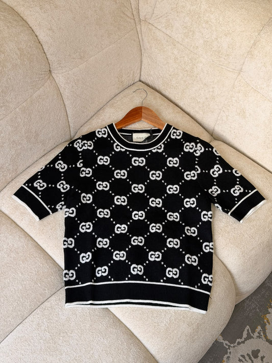 Gucci Diamond-Pattern Knitted T-Shirt - Black