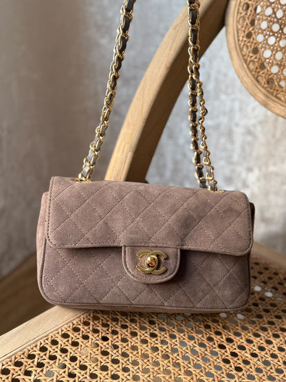 Chanel Quilted Chain Shoulder Bag - Beige Suede