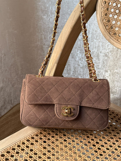 Chanel Quilted Chain Shoulder Bag - Beige Suede