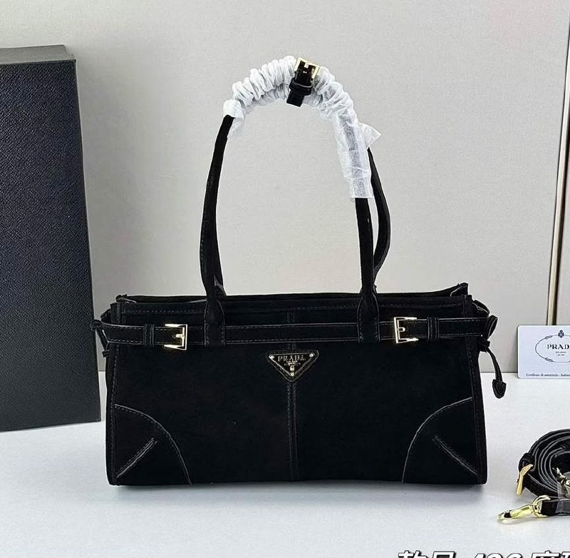 Prada Belted Tote Bag - Black Suede