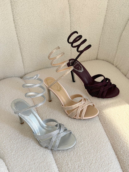 Rene Caovilla Spiral-Strap Heels - Silver, Beige, Burgundy