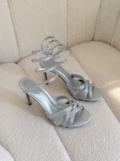Rene Caovilla Spiral-Strap Heels - Silver, Beige, Burgundy
