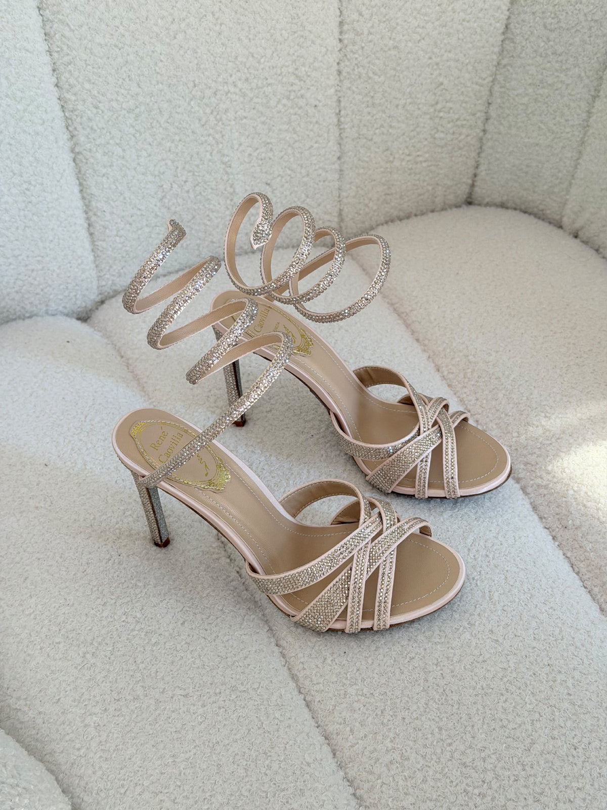 Rene Caovilla Spiral-Strap Heels - Silver, Beige, Burgundy