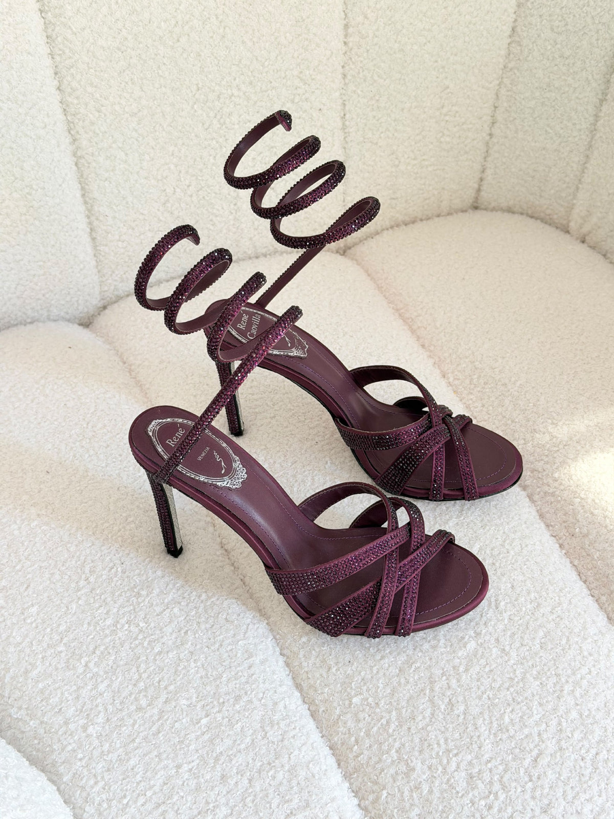 Rene Caovilla Spiral-Strap Heels - Silver, Beige, Burgundy