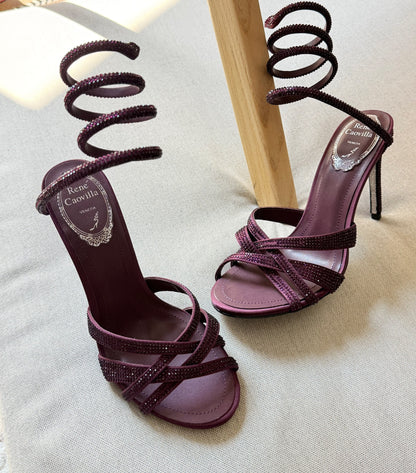 Rene Caovilla Spiral-Strap Heels - Silver, Beige, Burgundy