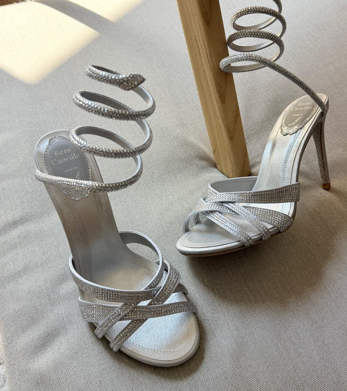 Rene Caovilla Spiral-Strap Heels - Silver, Beige, Burgundy