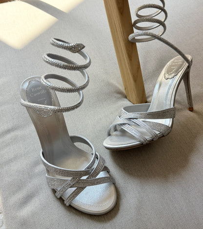 Rene Caovilla Spiral-Strap Heels - Silver, Beige, Burgundy