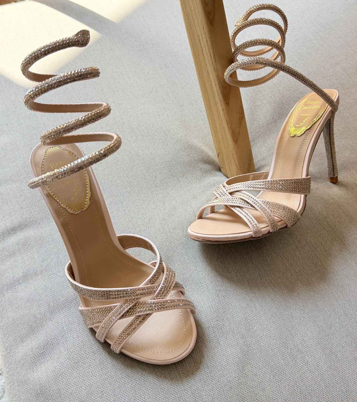 Rene Caovilla Spiral-Strap Heels - Silver, Beige, Burgundy