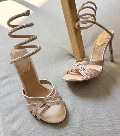 Rene Caovilla Spiral-Strap Heels - Silver, Beige, Burgundy