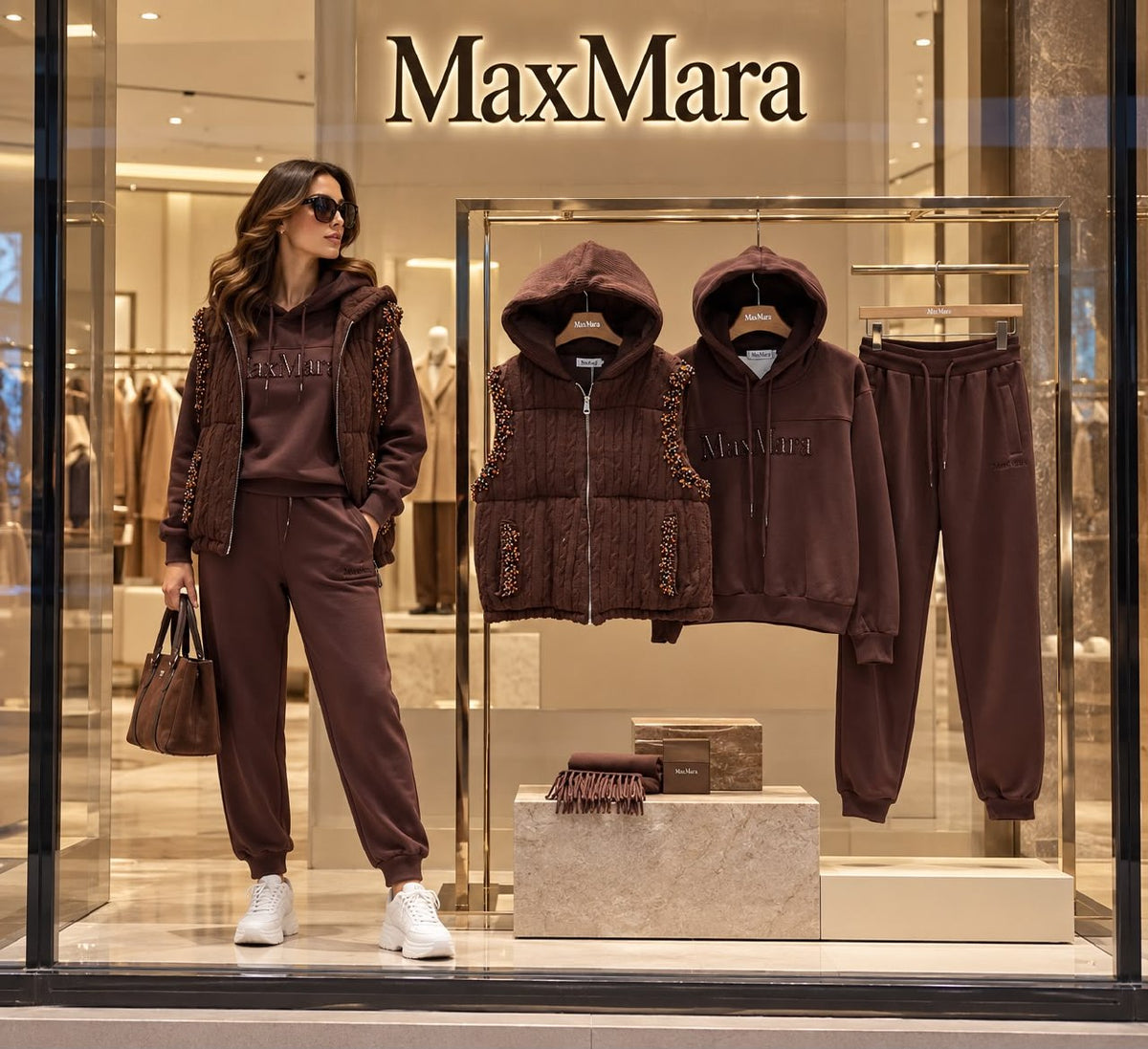 Max Mara Hooded Vest Set - Brown