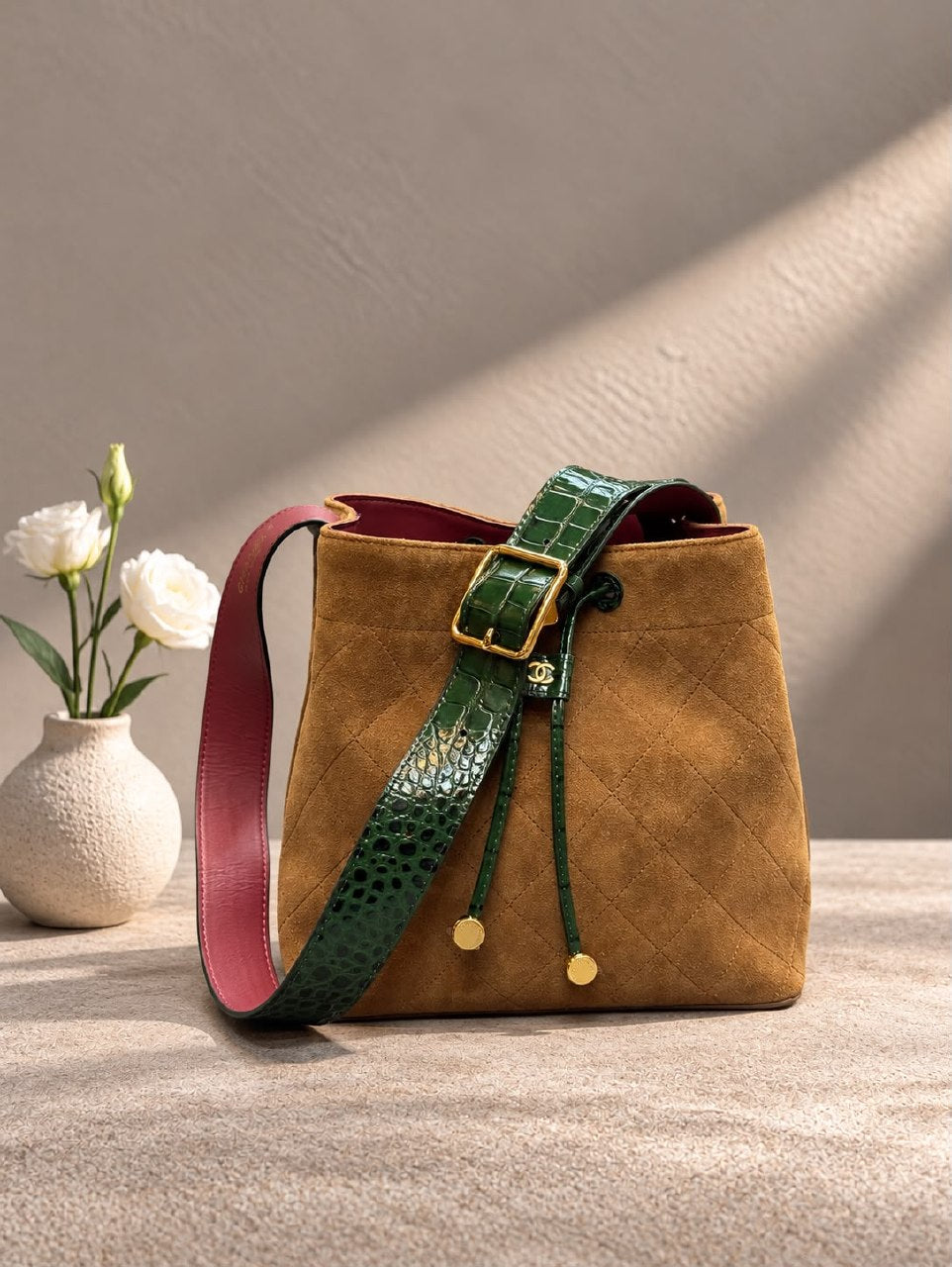 Chanel Wide-Strap Bucket Shoulder Bag - Brown Embossed