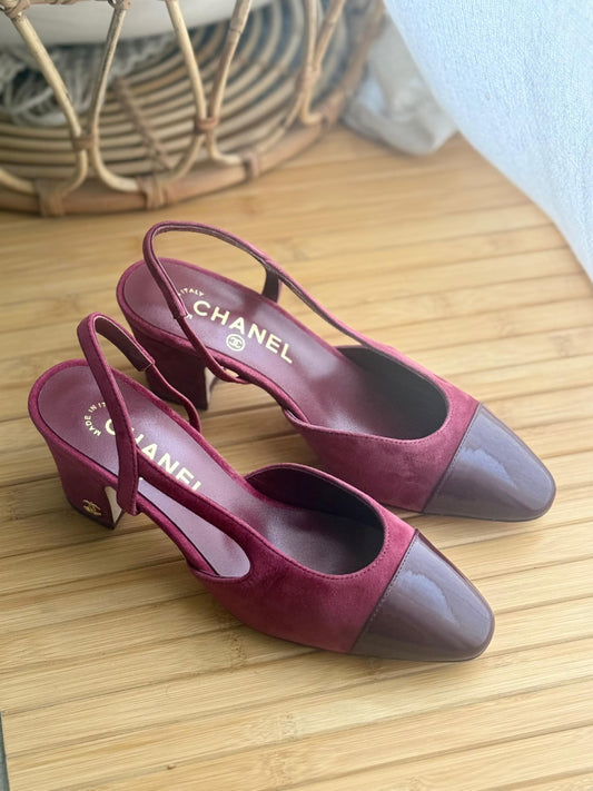 Chanel High Block Slingback Heels - Burgundy & Grey
