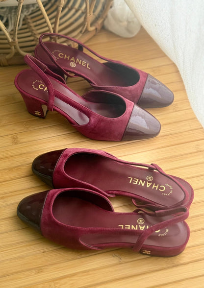 Chanel High Block Slingback Heels - Burgundy & Grey