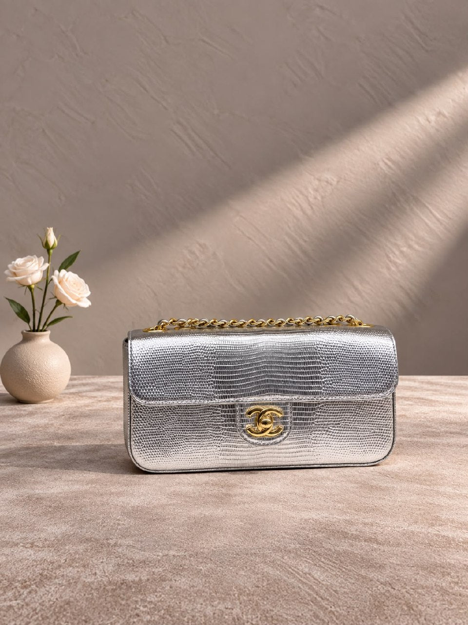 Chanel Chain Flap Shoulder Bag - Silver Embossed