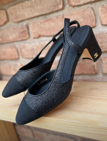 Chanel Glitter Slingback Heels - Black
