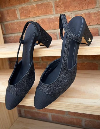 Chanel Glitter Slingback Heels - Black