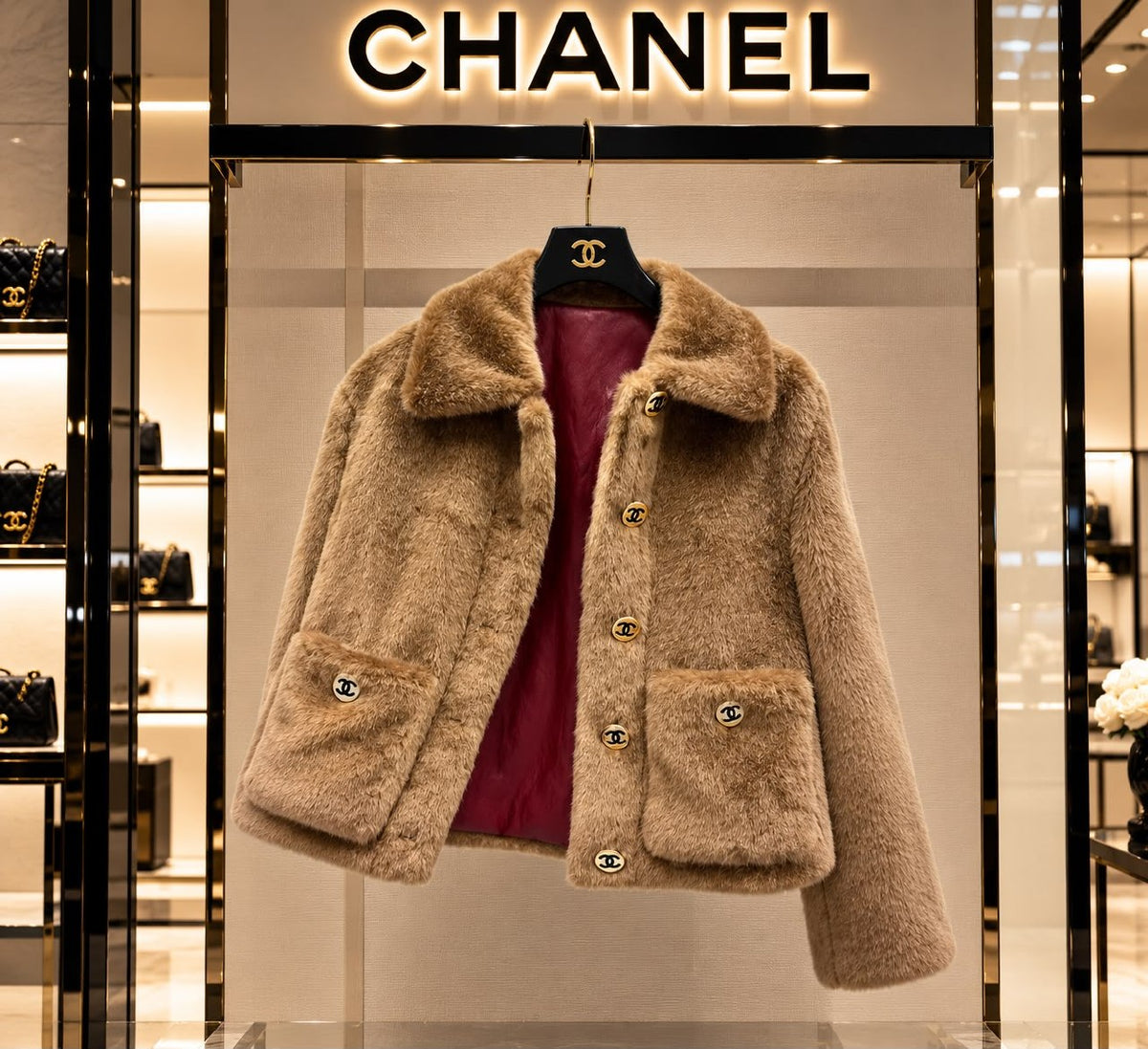 Chanel Faux Fur Open-Front Jacket - Beige