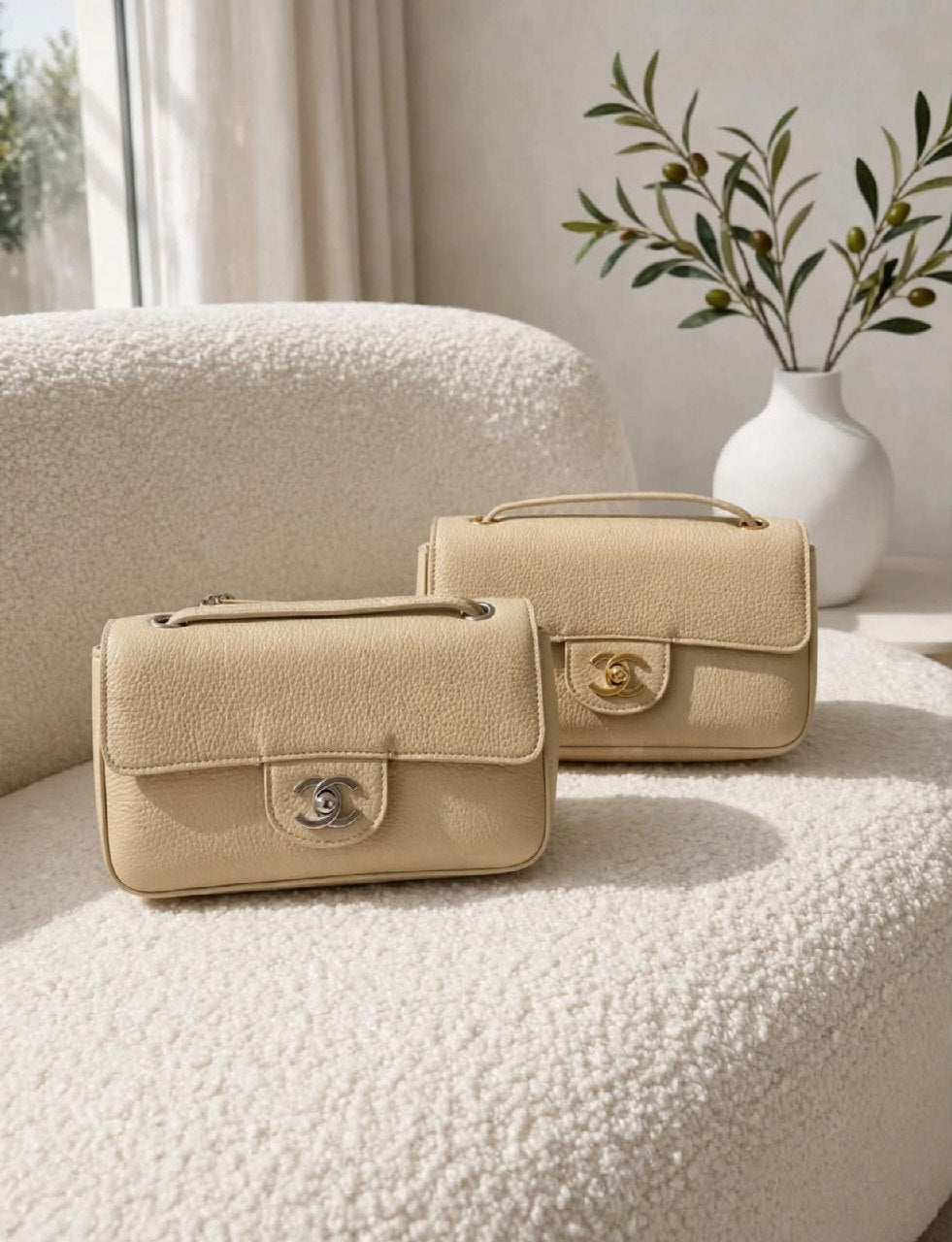 Chanel Pebbled Flap Handbag - Beige