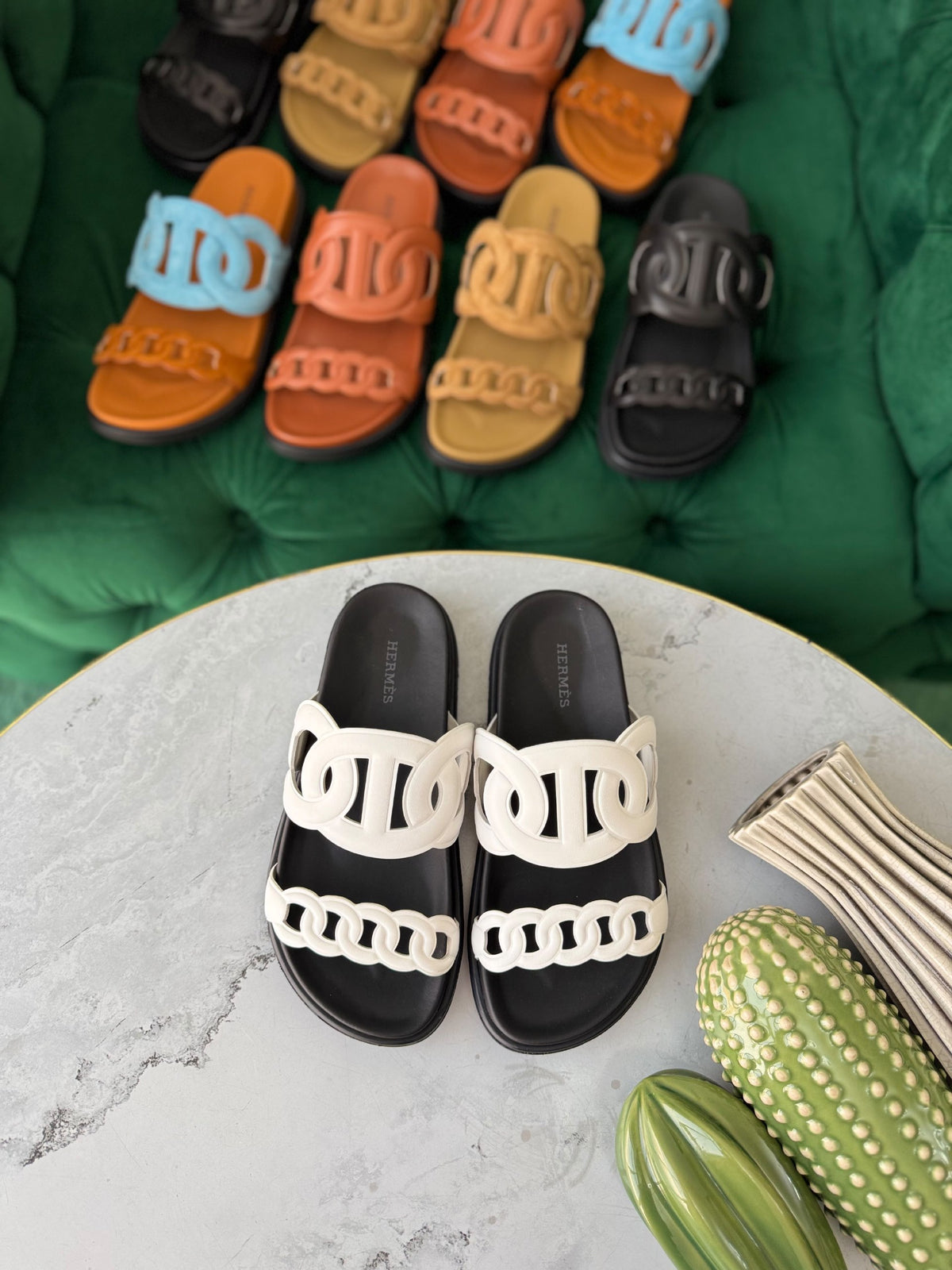 Hermès Double-Strap Slippers - White