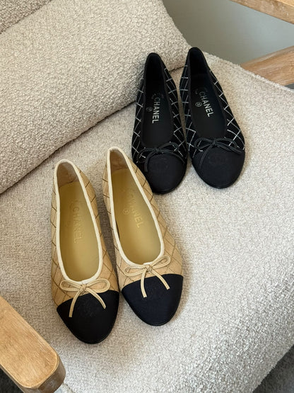 Chanel Quilted Ballerina - Beige & Black, Black, Beige