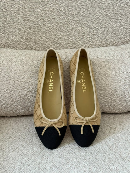 Chanel Quilted Ballerina - Beige & Black, Black, Beige