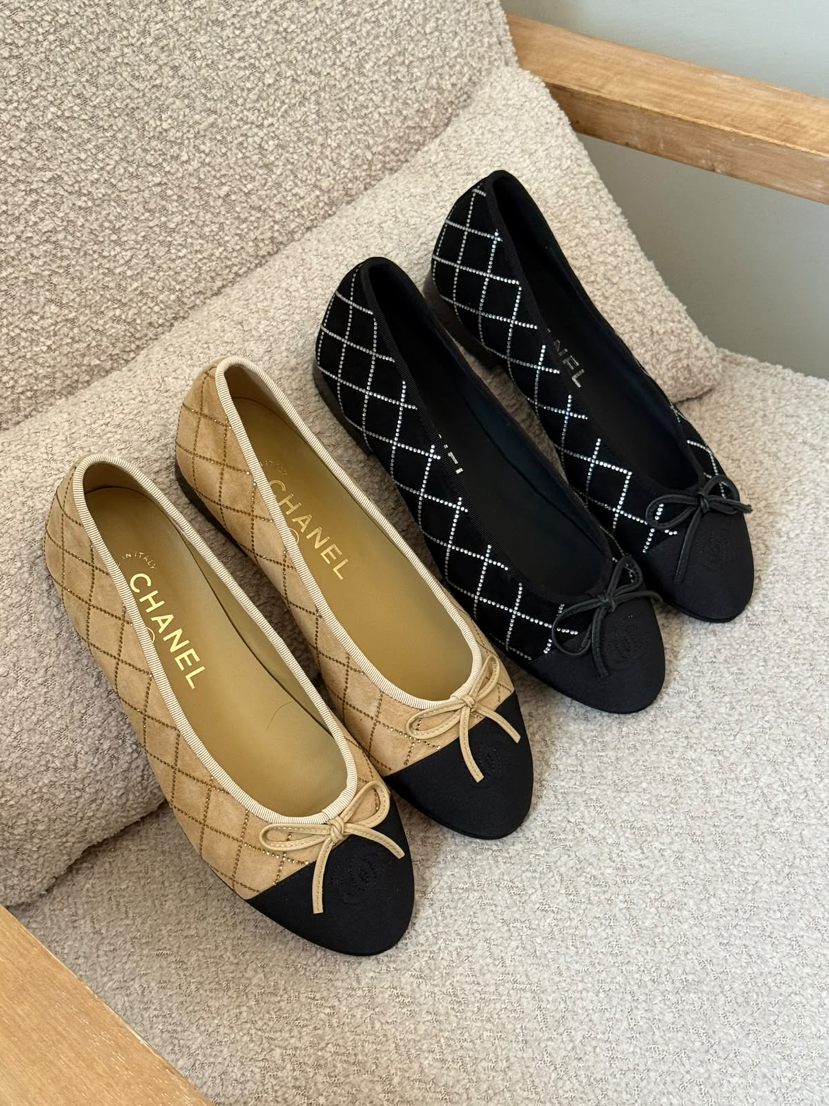 Chanel Quilted Ballerina - Beige & Black, Black, Beige