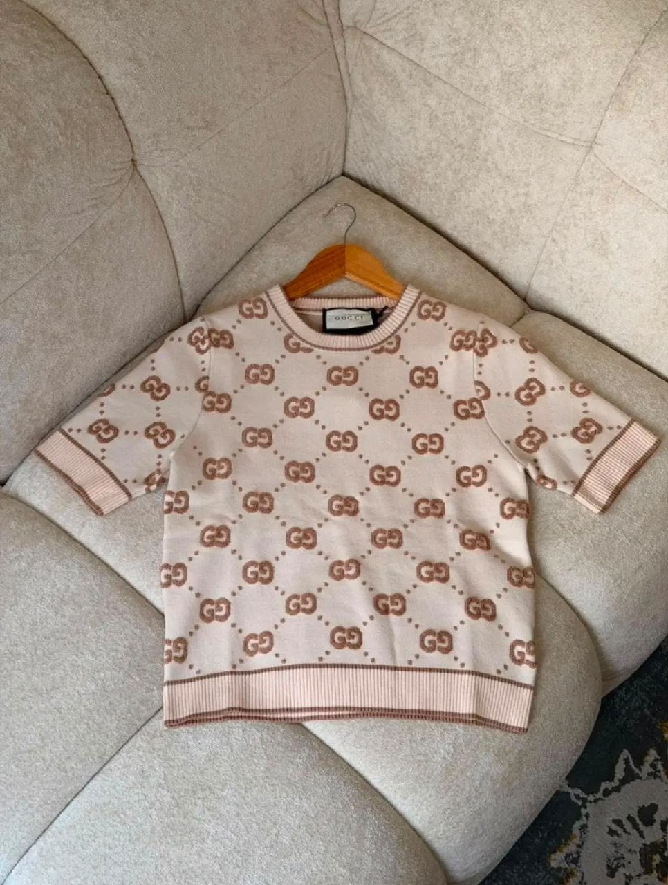 Gucci Lattice-Motif Knitted T-Shirt - Beige