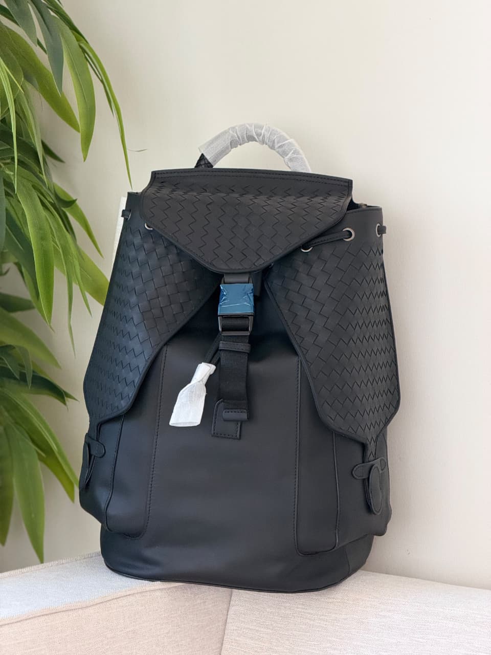 Bottega Woven Flap Backpack - Black