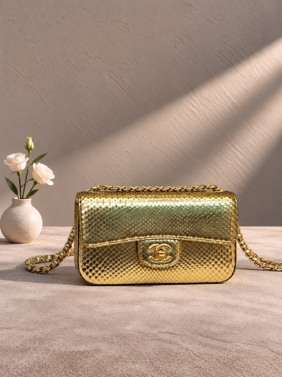 Chanel Snake-Scale Flap Shoulder Bag - Gold Snake Print