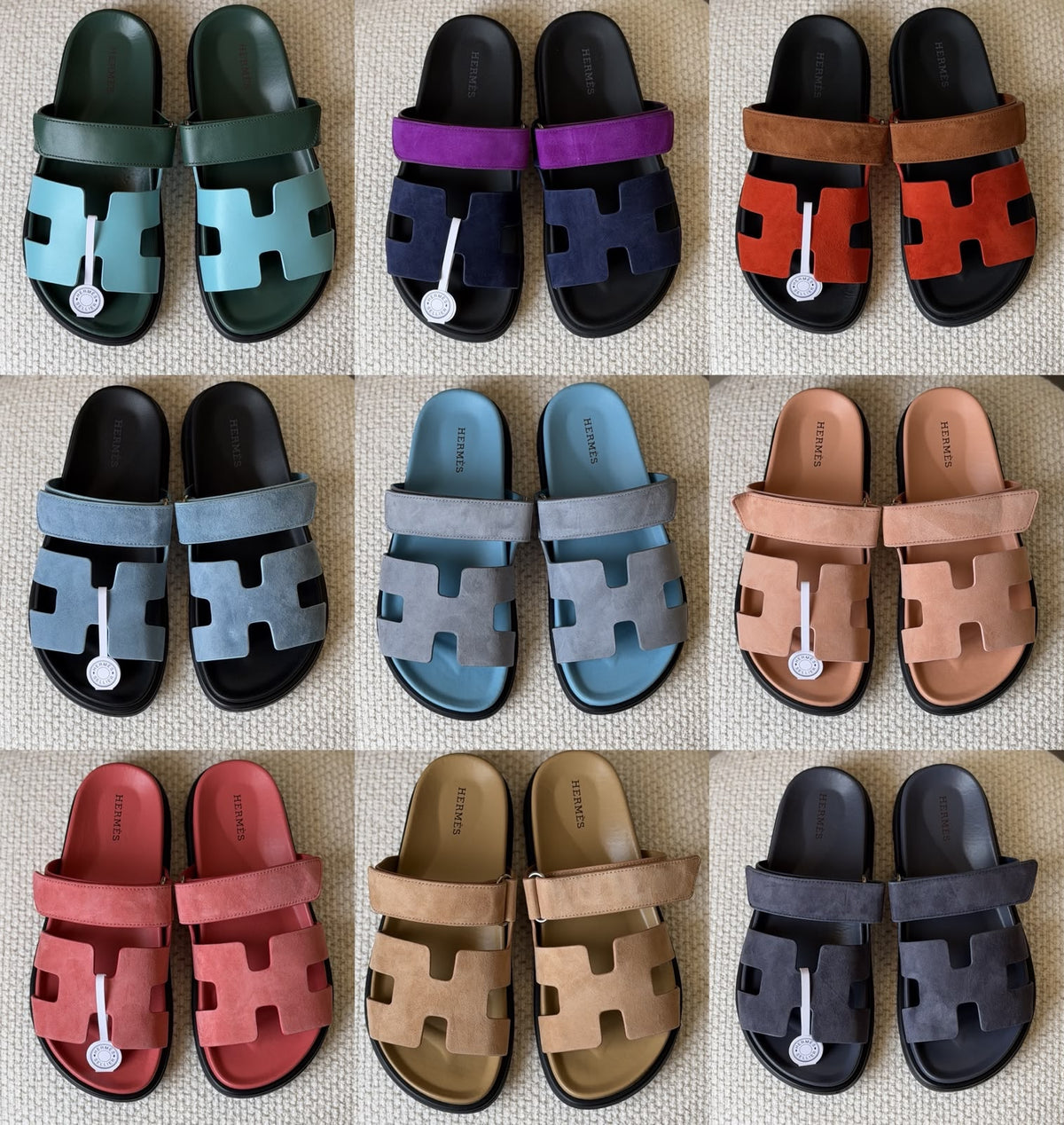 Hermes Slippers - Green & Light Blue, Navy & Purple, Orange & Brown, Grey & Blue, Beige & Brown