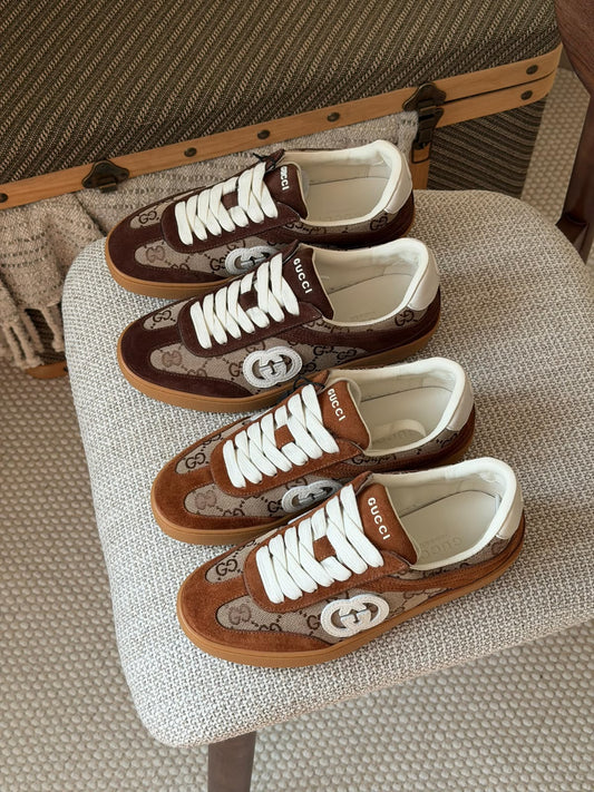 Gucci GG Canvas Sneakers - Brown Suede & Beige, Brown & Beige