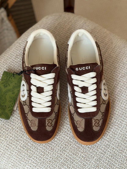 Gucci GG Canvas Sneakers - Brown Suede & Beige, Brown & Beige